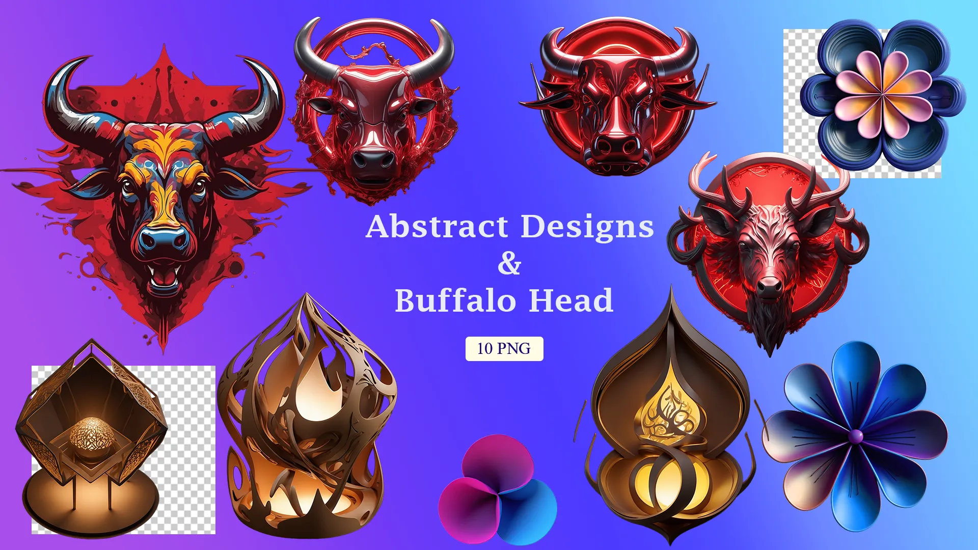 Mystical Buffalo Heads and Floral Art Creative PNG Set